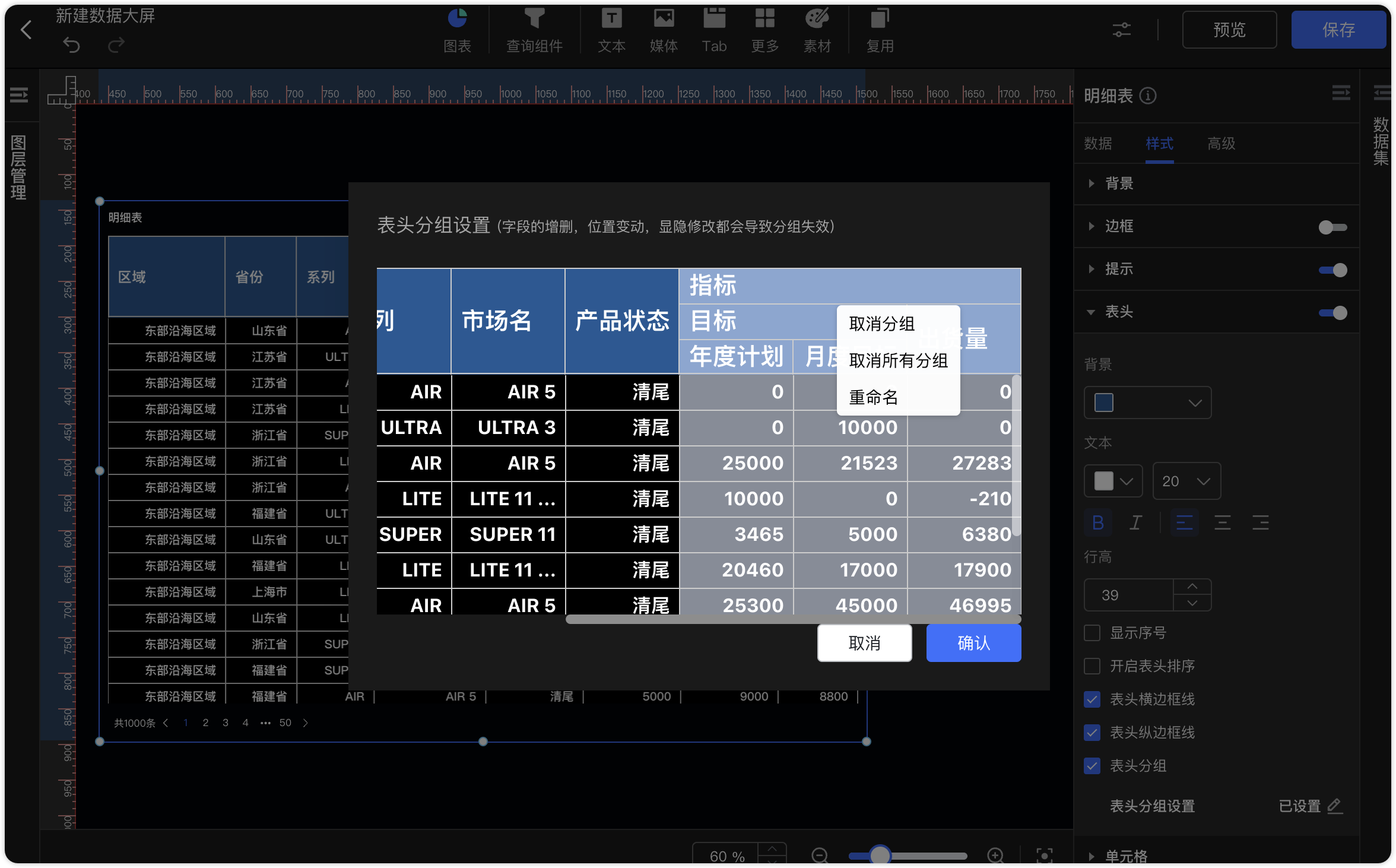 数据大屏明细表表头分组